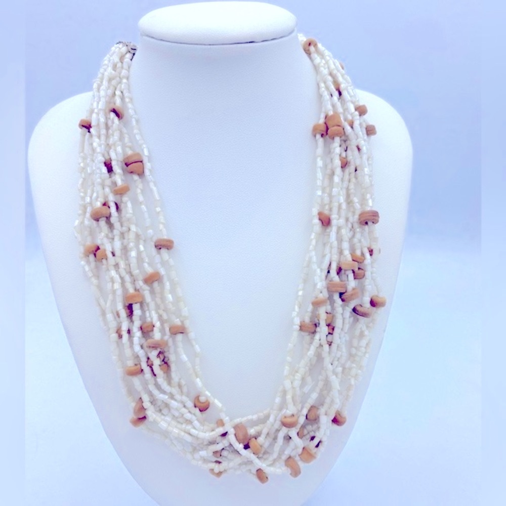 Vintage 12 Strand Ivory Colored Glass Seed Bead Small Brown Wood Beads Necklace